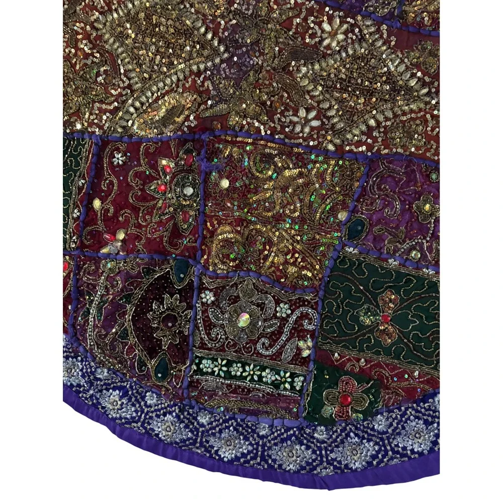 Handmade Indian Patchwork Round Tapestry Gold Zardosi Beaded Boho Purple 22in
